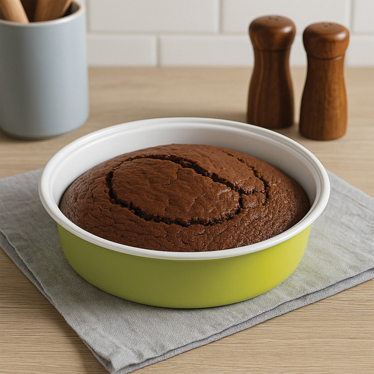 Brown cake in a green and white dish on a wooden table with a gray cloth