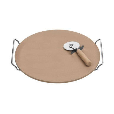 Round pizza stone with pizza cutter on a white background