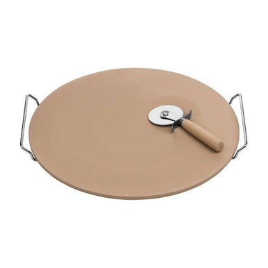 Round beige pizza stone with a pizza cutter on a white background