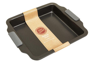Baking tray with a brown paper label on a white background