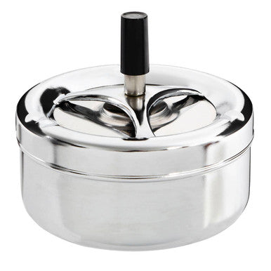 Silver ashtray with a black top on a white background