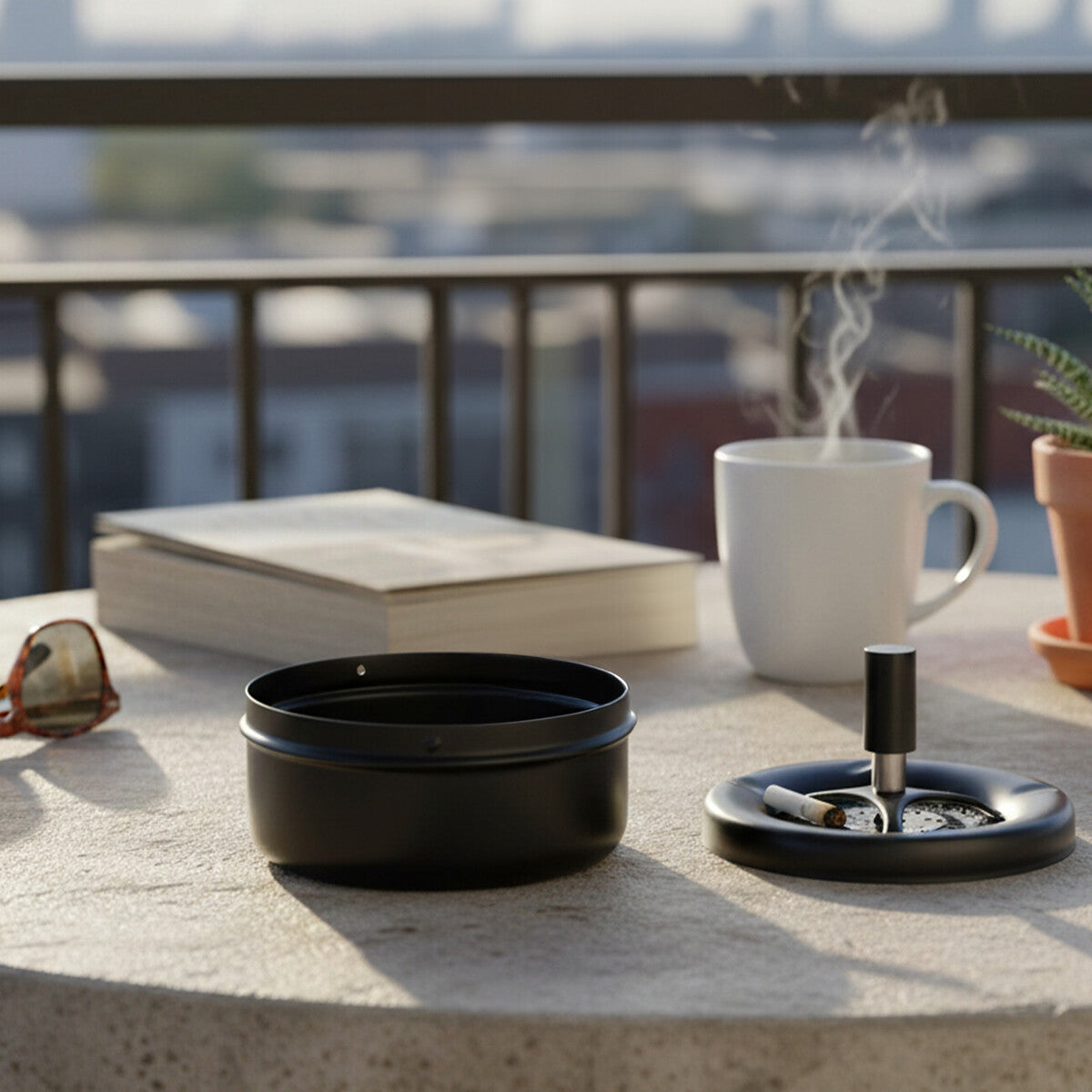 Black camping stove with a white mug of steaming coffee on a balcony.