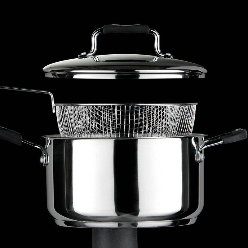 Stainless steel pot with a strainer on a black background