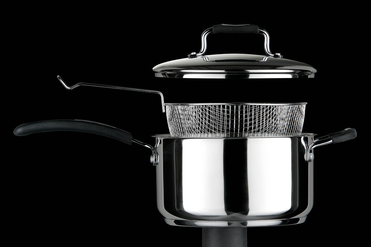 22 Cm Stainless Steel Chip Pan with Glass Lid and Wire Basket | Tenzo