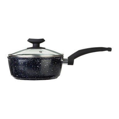 Black speckled cookware set on a white background