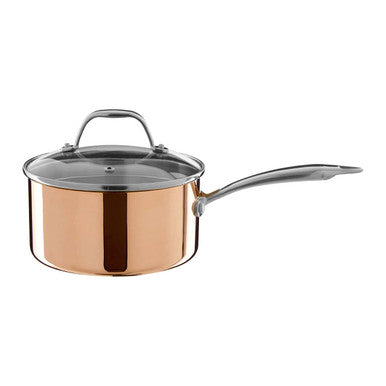 Copper saucepan with a lid on a white background