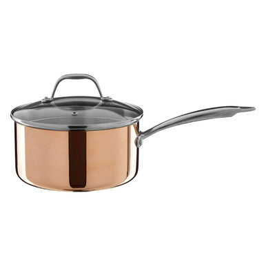 Copper saucepan with a gray lid on a white background