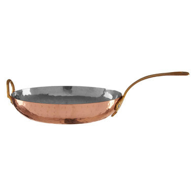 Copper frying pan with a handle on a white background