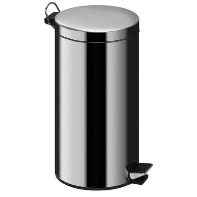 Stainless steel pedal bin on a white background
