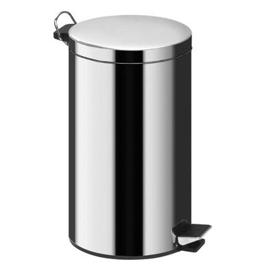 Silver metallic trash can on a white background