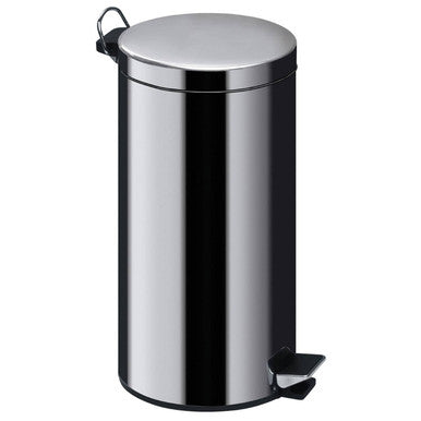 Chrome metal trash can on a white background