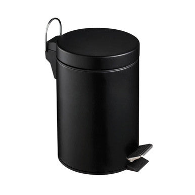 Black trash bin with a step pedal on a white background