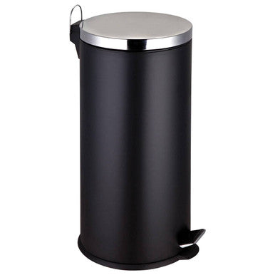 Black trash bin with a silver lid on a white background
