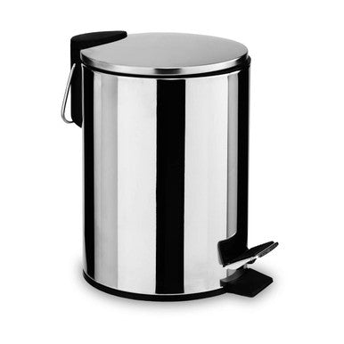 Stainless steel trash can with black pedal on a white background