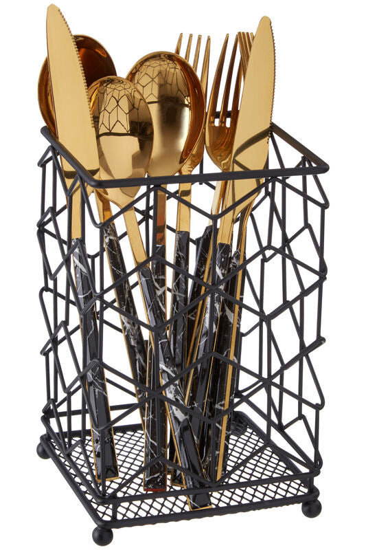 Black geometric utensil holder with gold cutlery on a white background