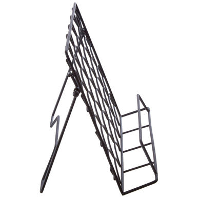Black metal magazine rack on a white background