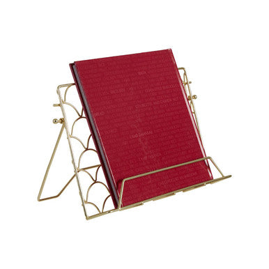 Red book or magazine inside a gold metal stand on a white background