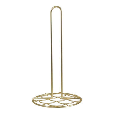 Gold metal paper towel holder on a white background