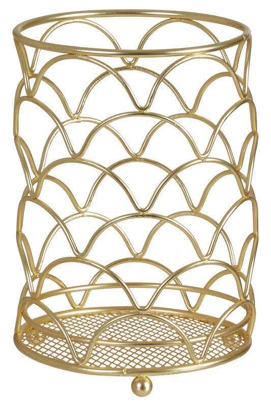Gold metal basket with decorative pattern on a white background