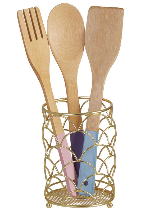 Wooden utensils including a fork, spoon, and spatula in a gold holder on a white background.