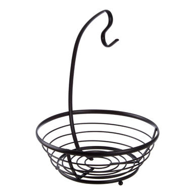 Black wire fruit basket with hook on a white background