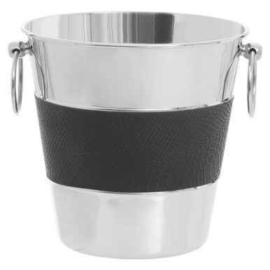 Stainless steel wine cooler with black rubber grip on a white background