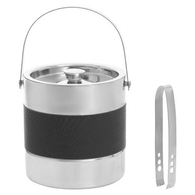 Stainless steel food container with black grip and tongs on a white background