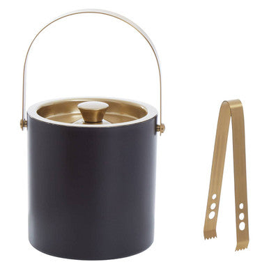 Black ice bucket with gold accents and a matching tong on a white background