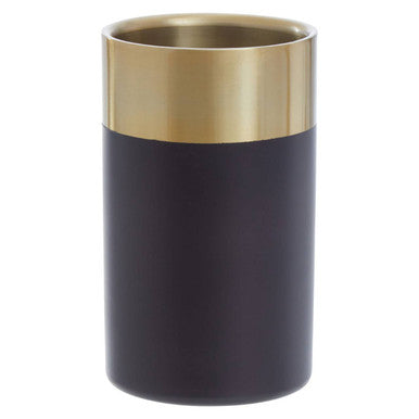 Black cylindrical container with gold top on a white background