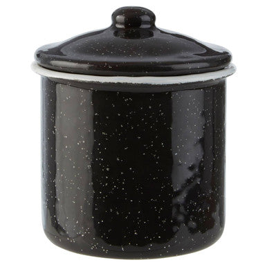 Black speckled ceramic jar with a lid on a white background
