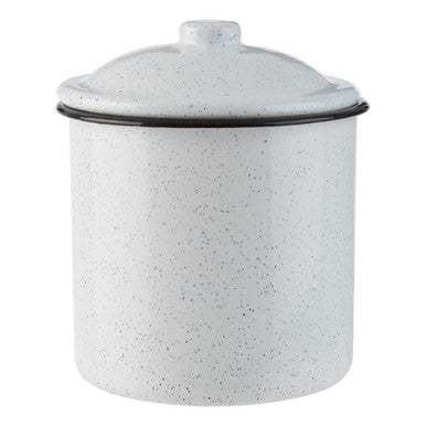 White speckled ceramic storage jar with a lid on a white background