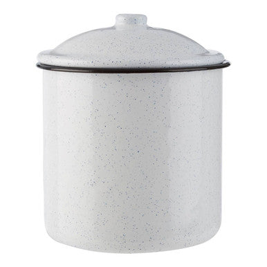 White speckled enamel storage canister with a lid on a white background