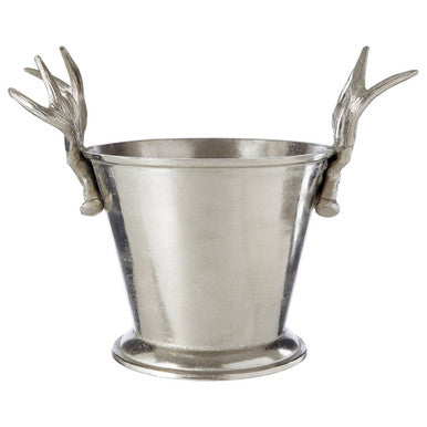 Metal ice bucket with antler handles on a white background