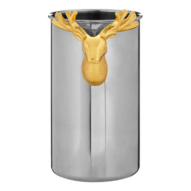 Stainless steel vase with gold deer head design on a white background