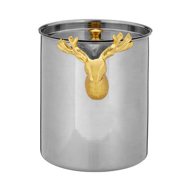 Stainless steel canister with gold deer head design on a white background