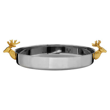 Stainless steel bowl with gold deer handles on a white background