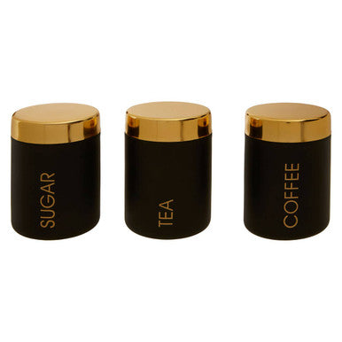 Set of three black canisters labeled &