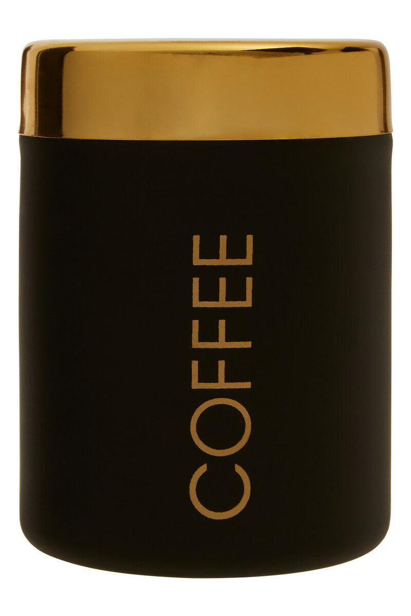 Black coffee canister with gold lid and &