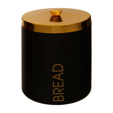 Black bread bin with gold lid and &