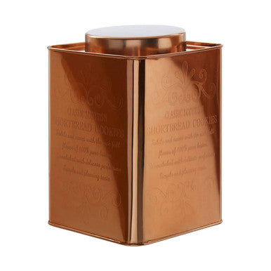 Copper-colored cookie tin with embossed text on a white background
