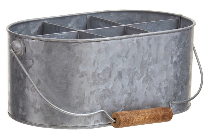 Metal caddy with wooden handle on a white background