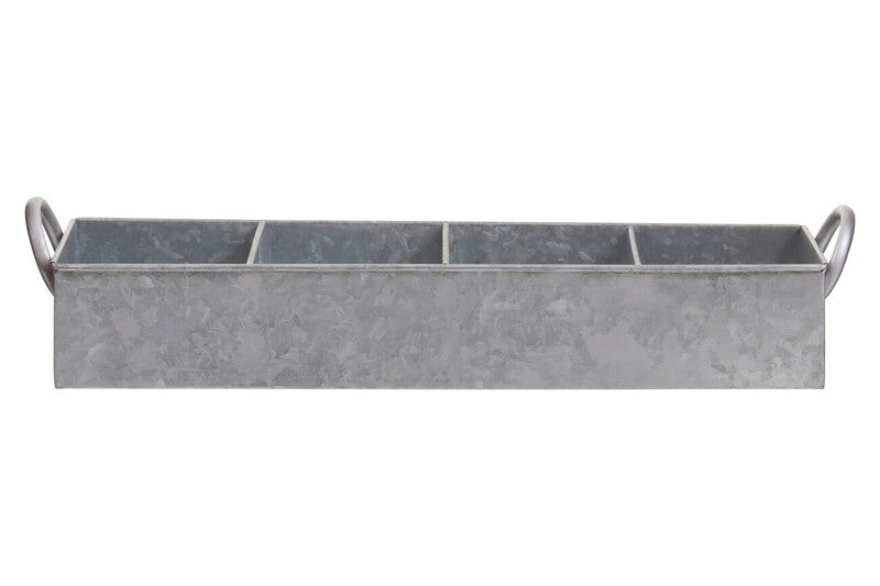Rectangular metal planter with handles on a white background