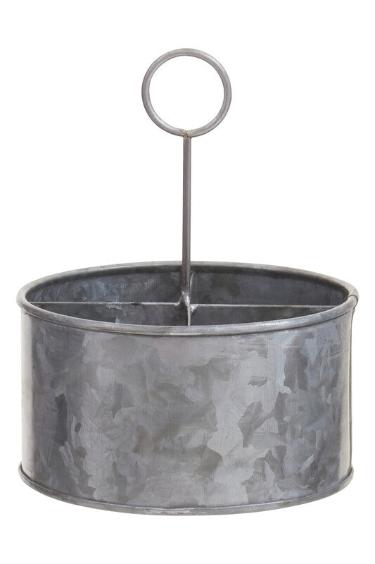 Metal flower pot with a central stand on a white background