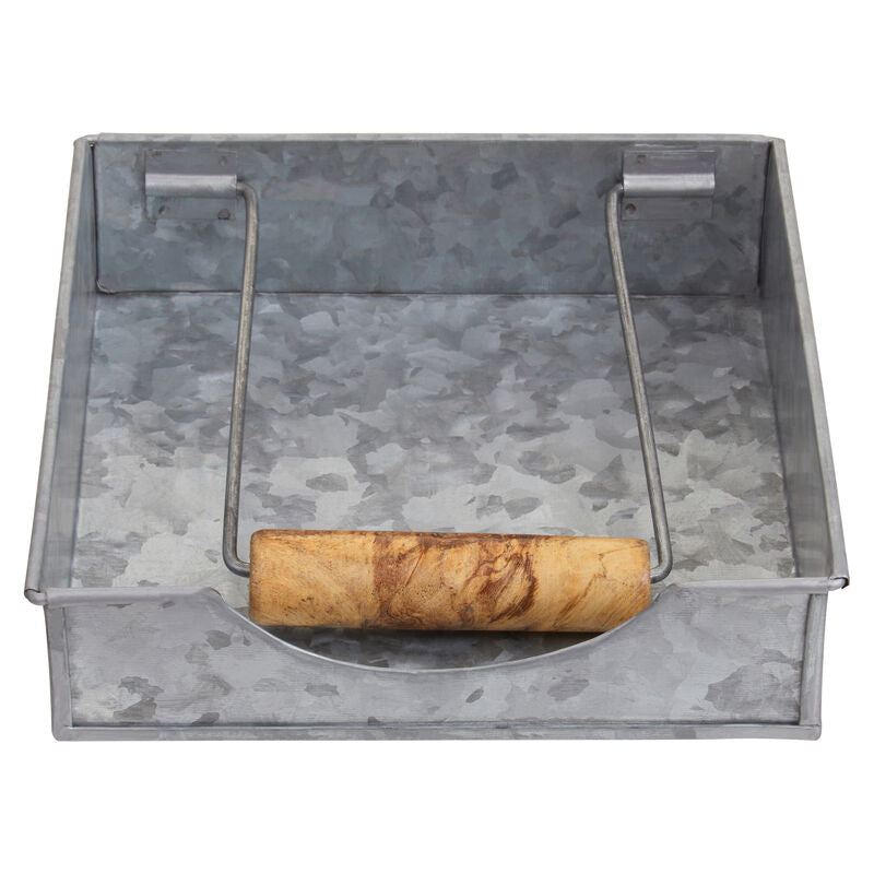 Metal tray with wooden handle on a white background