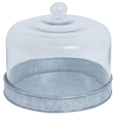 Clear cake stand with a gray base on a white background