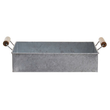 Rectangular metal planter with wooden handles on a white background