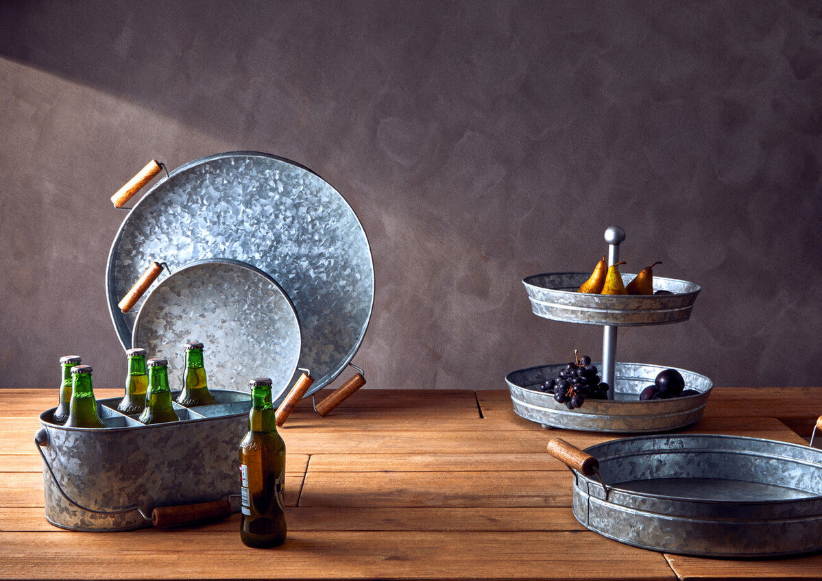 Drummond Galvanised Steel Round Tray With Wood Handles