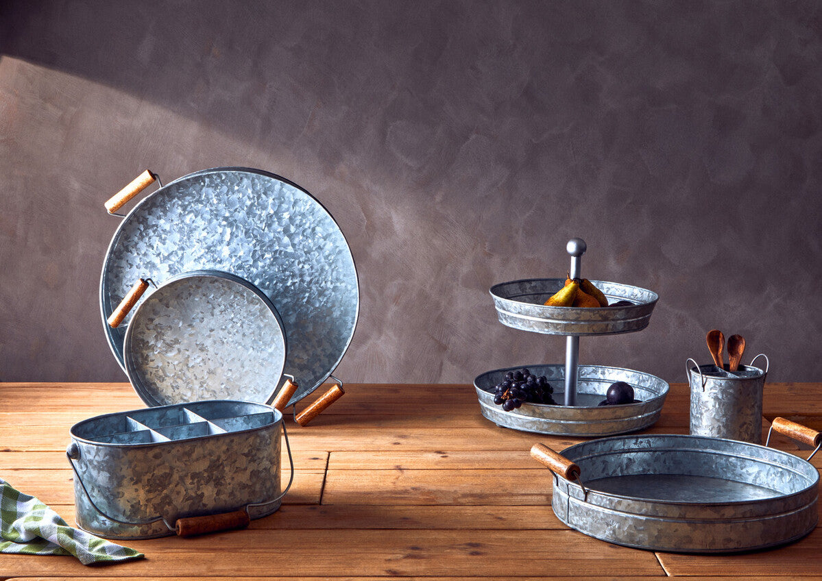 Drummond Galvanised Steel Round Tray With Wood Handles
