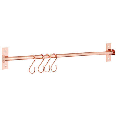 Rose gold wall-mounted curtain rod with hooks on a white background