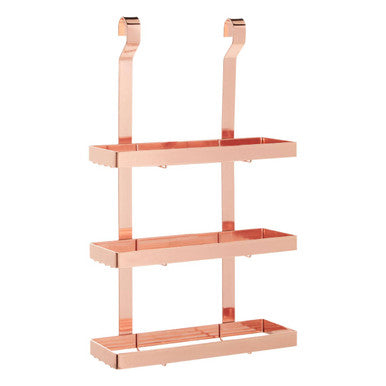 Rose gold over-the-door storage rack with two shelves on a white background